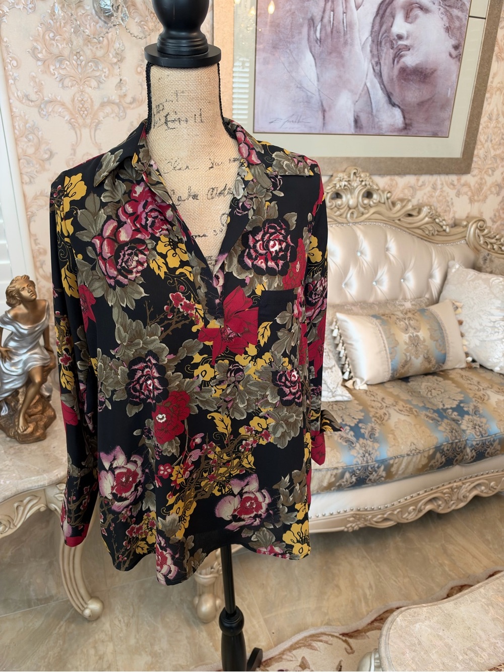 Pleione Black Floral Button-Up Blouse with Red & Mustard Accents